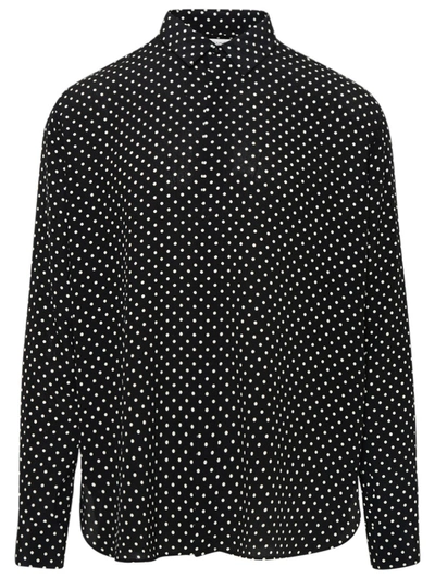 Saint Laurent Yves-collar Polka-dot Silk Shirt In Black