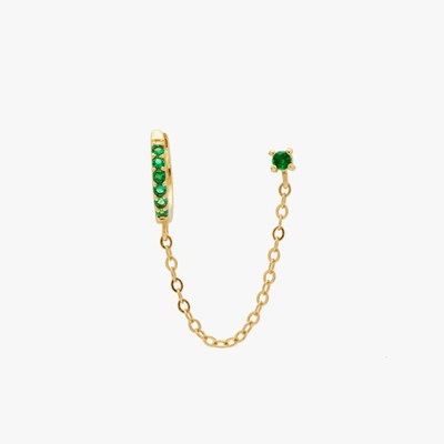 Studs Chained Pavé Huggie X Cz Stud In Gold/green