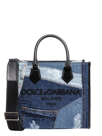 Dolce & Gabbana Denim Patchwork Edge Shopper With Logo In Multi