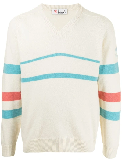 Pringle Of Scotland Mens Ivory Turquoise Archive Striped Wool-blend Jumper Xxl