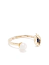 DELFINA DELETTREZ 9KT YELLOW GOLD MICRO-EYE PIERCING SAPPHIRE AND PEARL RING