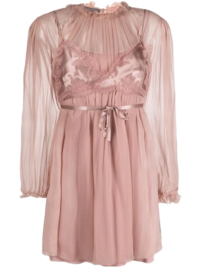 Alberta Ferretti Bra Overlay Ruffled A-line Minidress In Rosa