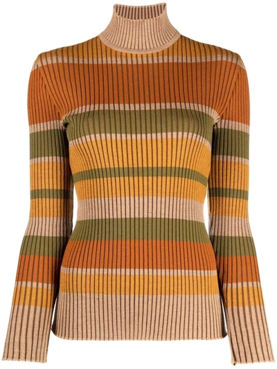 Alberta Ferretti Striped Wool Knit Turtleneck Sweater In Orange