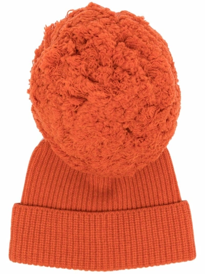 Alberta Ferretti 绒球细节针织套头帽 In Orange