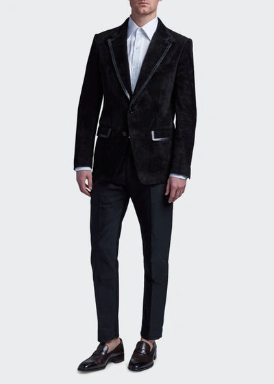 Tom Ford Men's Suede Blazer W/ Tonal Leather Trim In Black