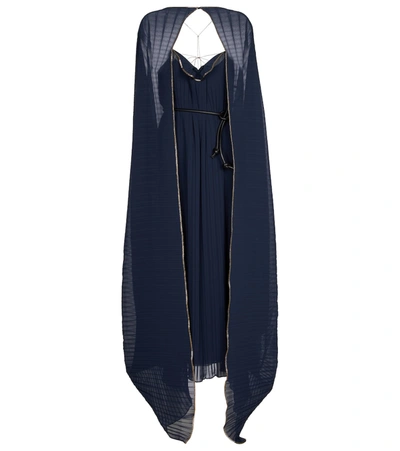 Roland Mouret Peron Pleated Cape Gown In Blue