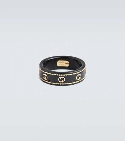 Gucci 18k Yellow Gold Interlocking G Ring In Black