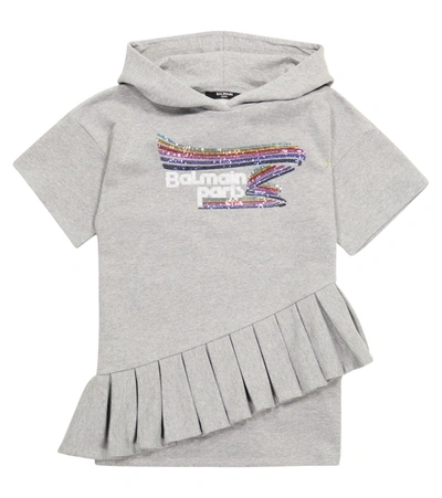 Balmain Kids' Sequined Hooded Cotton Dress In Grey