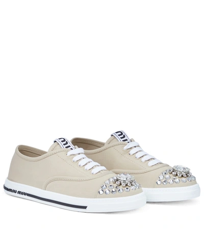 Miu Miu Embellished Sneakers In Beige
