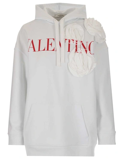 Valentino Logo印花花卉贴花连帽衫 In White