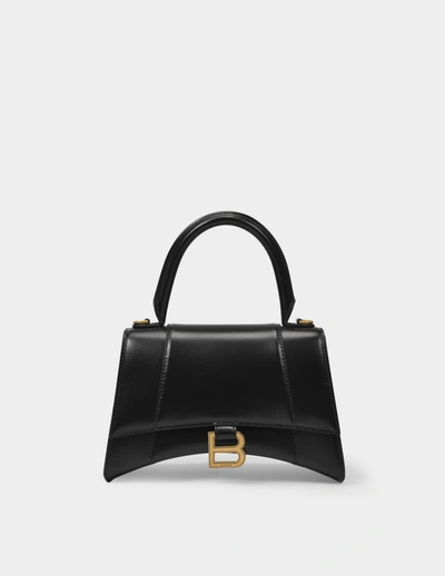 Balenciaga Hourglass Small Shiny Leather Top-handle Bag In Black