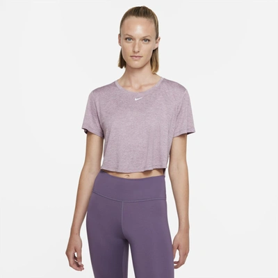 Nike Dri-fit One Women's Standard Fit Short-sleeve Cropped Top In Plum Fog,heather,white