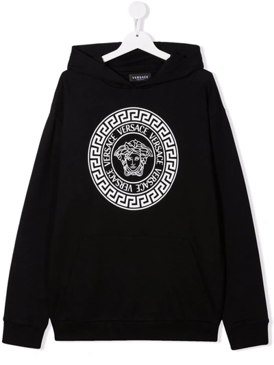 Versace Kids' 印花棉质连帽卫衣 In Black