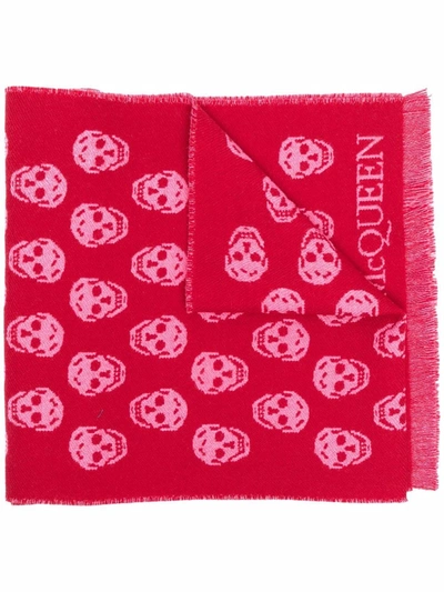 Alexander Mcqueen Reversible Skull-jacquard Wool Scarf In Red