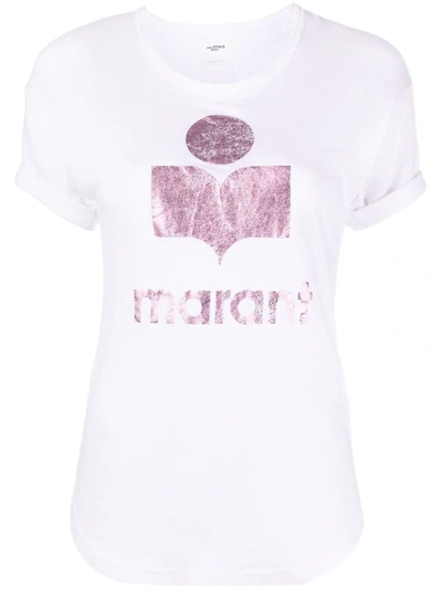 Isabel Marant Étoile Linen Tshirt With Logo In White,pink