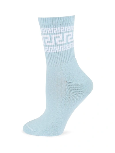 Versace Greek Logo Socks In Light Blue White