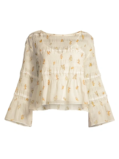 Rebecca Taylor Ines Floral Smocked Blouse In Ivory Combo
