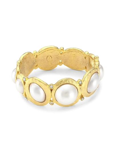 Kenneth Jay Lane Women's Satin Goldplated, Faux Pearl Cabochon & Crystal Hinged Bangle In Satin Gold White Pearl