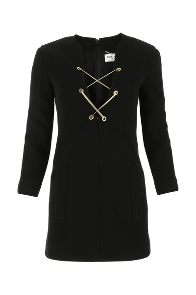 Saint Laurent Lace Up Mini Dress In Wool Jersey In Black