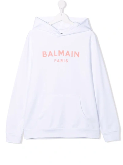 Balmain Teen Logo-print Cotton Hoodie In White / Pink