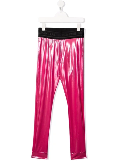 Balmain Kids' Metallic Stretch Leggings In Pink