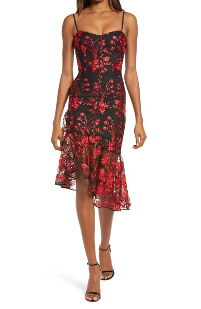 Dress The Population Cantrelle Asymmetrical Hem Cocktail Dress In Lipstick Red Multi