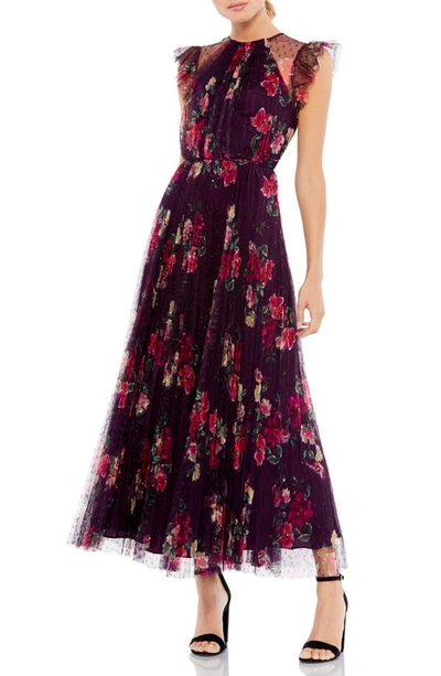 Mac Duggal Floral Ruffle Fit & Flare Tulle Evening Dress In Plum Multi