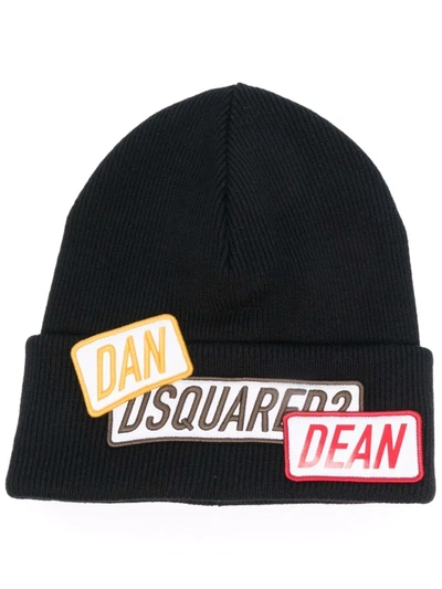 Dsquared2 Beanie Hat In Wool With Logo Patches In Blue