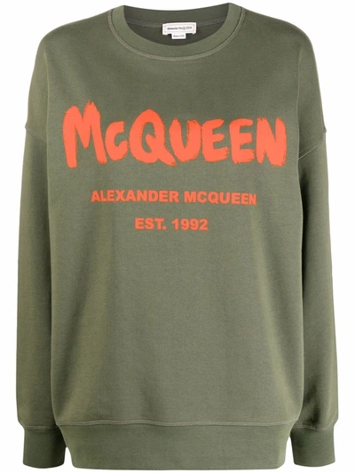 Alexander Mcqueen Green Cotton Sweatshirt With Logo Print In Khaki