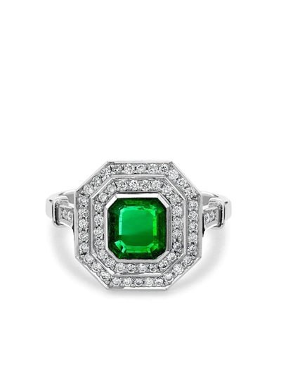 Pre-owned Pragnell Vintage 1911-1940 Platinum Art Deco Emerald And Diamond Target Ring In Silver