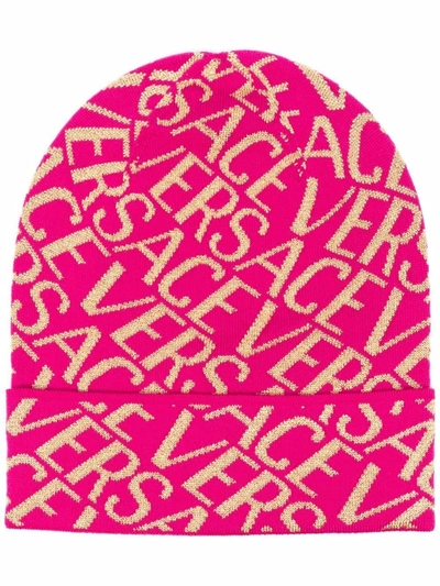 Versace Intarsia-knit Logo Beanie In Pink