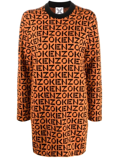 Kenzo Monogram Cotton Blend Knit Mini Dress In Orange/black