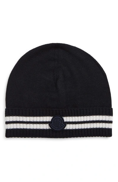 Moncler Enfant Kids' Stripe-trimmed Virgin Wool Beanie In Navy