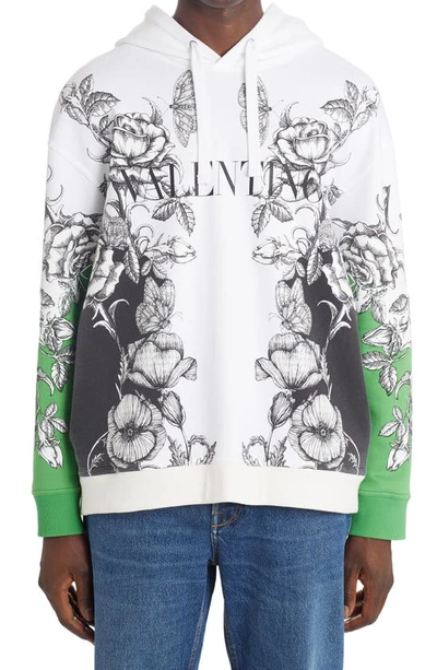 Valentino Dark Blooming Cotton Jersey Hoodie In White