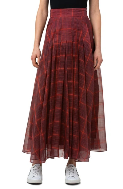 Akris Pleated Checked Mulberry Silk-blend Organza Midi Skirt In Marsala