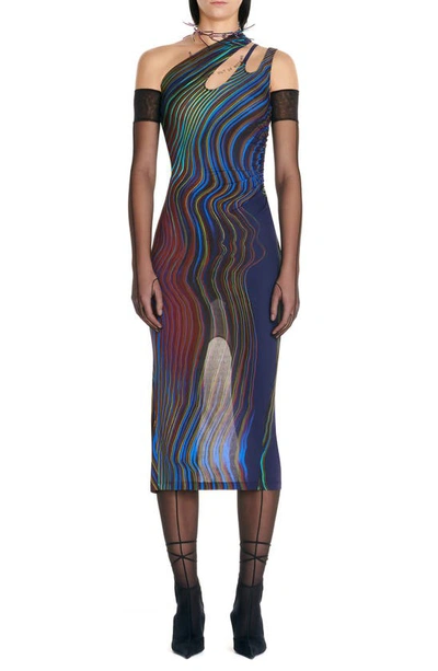 Mugler Wave Print One-shoulder Cocktail Dress In Blue / Lime