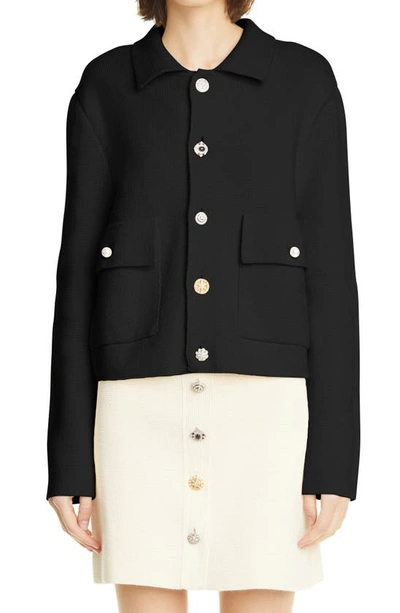 Adam Lippes Crystal Button Knit Work Jacket In Black