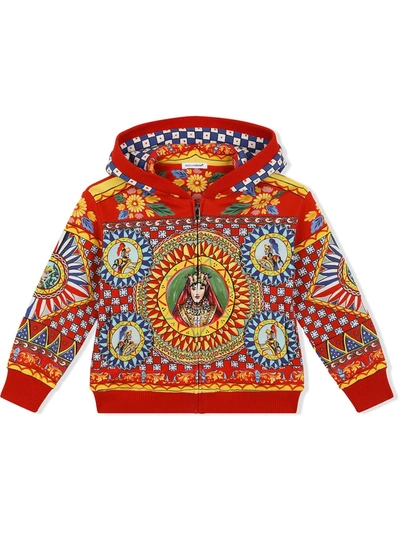 Dolce & Gabbana Kids' Carretto-print Zipped Cotton Hoodie In Red