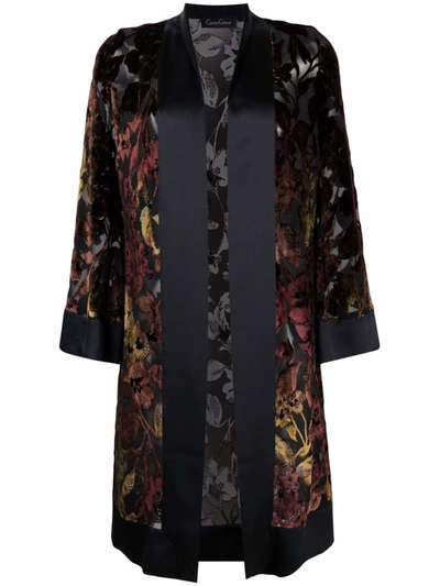 Carine Gilson Floral-appliqué Belted Silk Dressing Gown In Black