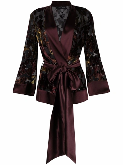 Carine Gilson Belted Satin-trimmed Embroidered Devoré Silk-velvet Robe In Burgundy
