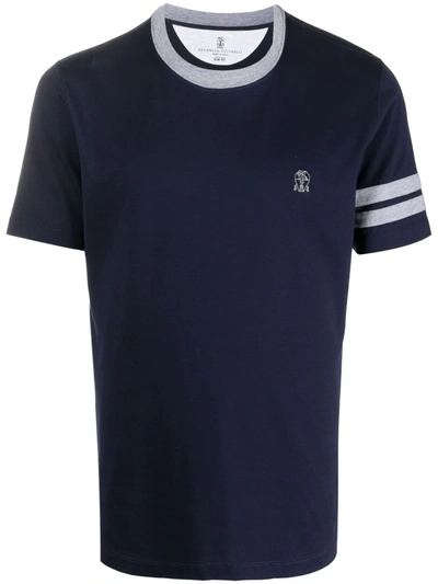 Brunello Cucinelli Crest-embroidered Cotton-jersey T-shirt In Blue