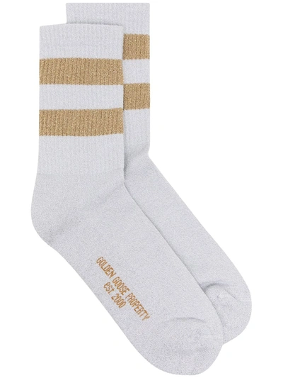 Golden Goose Logo Socks In White And Gold