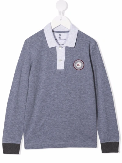 Brunello Cucinelli Kids' Logo-patch Long-sleeved Polo Shirt In Grey