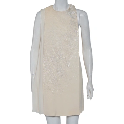 Pre-owned Dior Christian  Cream Wool & Silk Sequin Embellished Cape Detail Shift Dress M