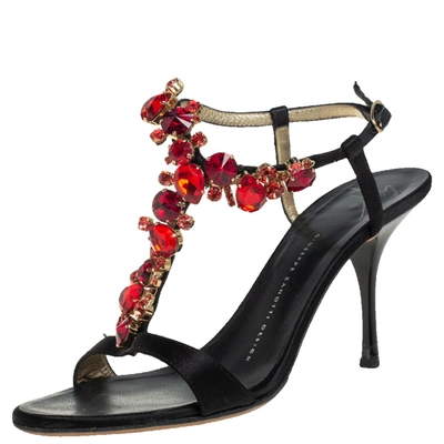 Pre-owned Giuseppe Zanotti Black Satin Crystal Embellished Ankle Strap Sandals Size 38
