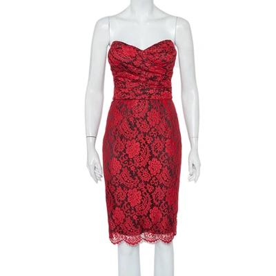 Pre-owned Dolce & Gabbana Red Lace Draped Strapless Mini Dress S