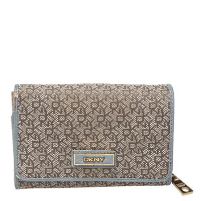 Pre-owned Dkny Grey Monogram Canvas And Leather Flap Wallet