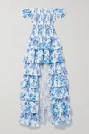 Caroline Constas Malta Off-the-shoulder Tiered Floral-print Cotton-poplin Gown In Blue