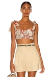 Johanna Ortiz + Net Sustain Sunset Riders Cropped Printed Organic Linen Top In Macondo Achiote Red & Antique Ecru