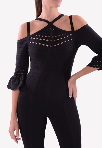 Herve Leger Cayleigh Off-shoulder Bandaged Jumpsuit In Black